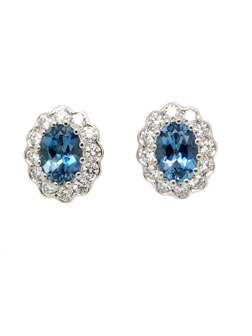 18ct white gold aquamarine & diamond oval cluster earrings