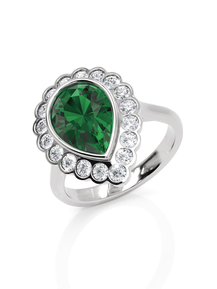 Platinum pear shaped emerald & diamond cluster ring