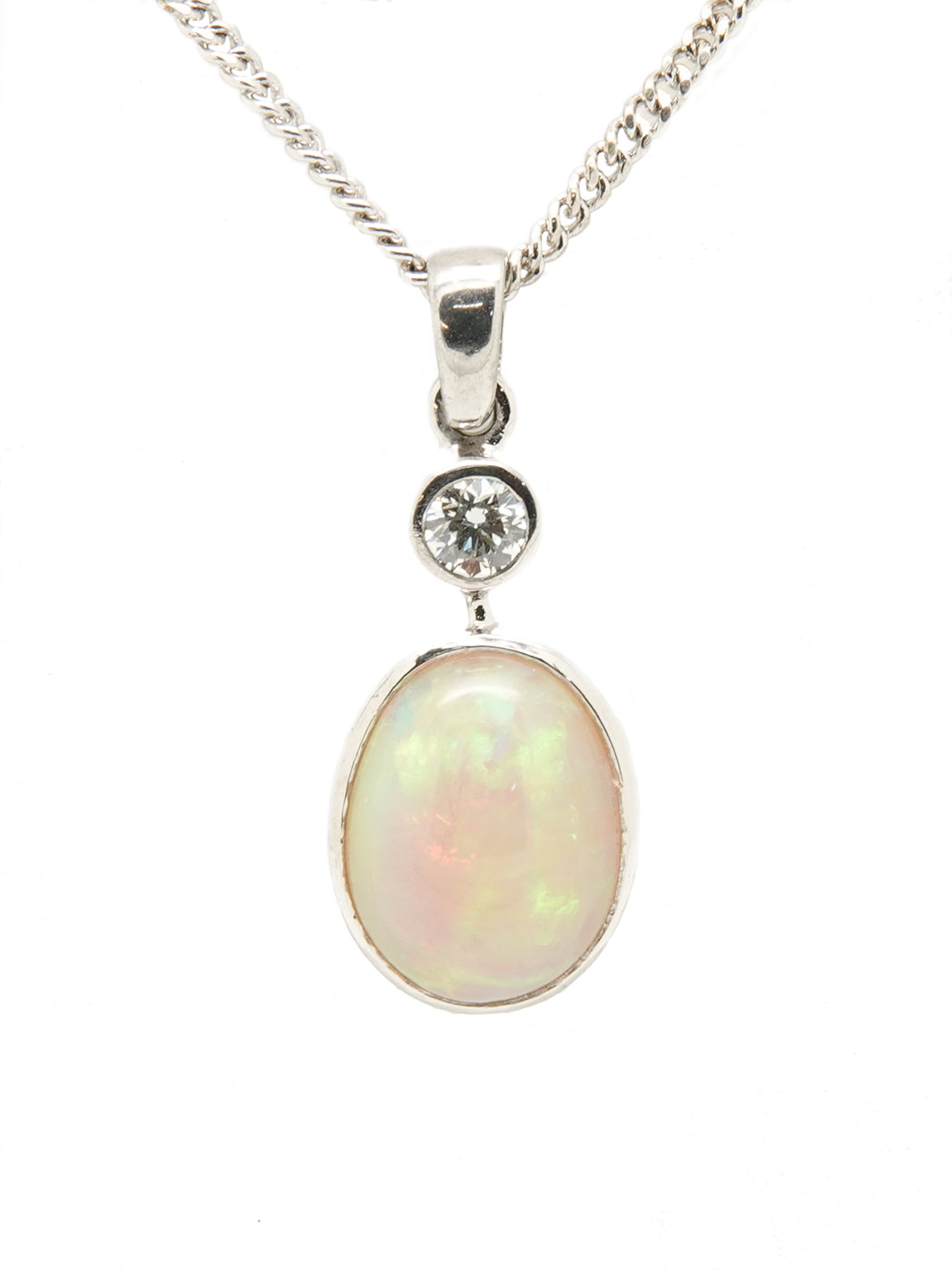 18ct White Gold Opal and Diamond Pendant on Chain