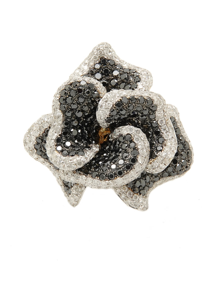 Pre-Owned 14ct Yellow Gold Black & White Diamond Flower Cluster Ring