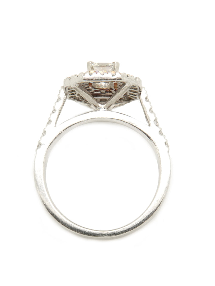 Pre-owned 18ct Rose Gold & Platinum Emerald Cut Diamond Set in Double Halo Ring