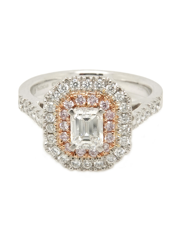 Pre-owned 18ct Rose Gold & Platinum Emerald Cut Diamond Set in Double Halo Ring