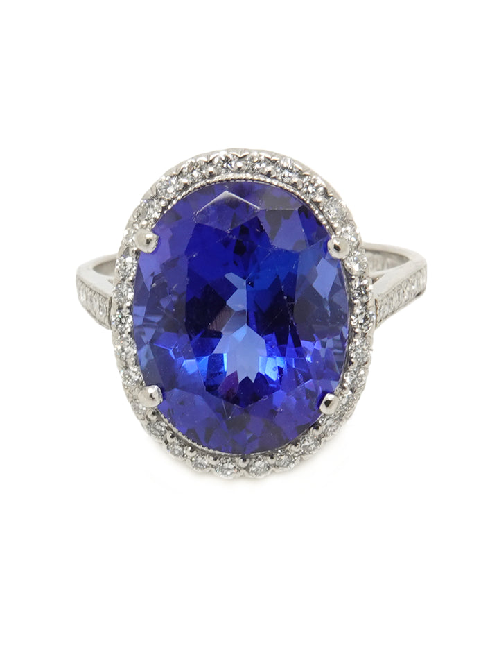 Pre-owned Bespoke Platinum  Tanzanite & Diamond Cluster Ring