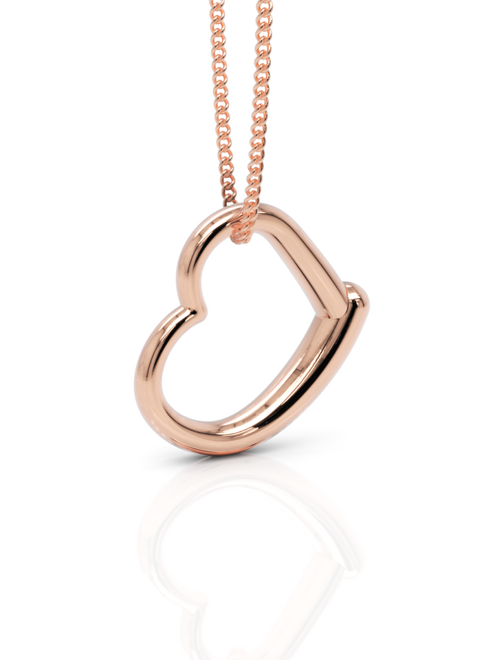 9ct rose gold graduated open heart pendant on chain.