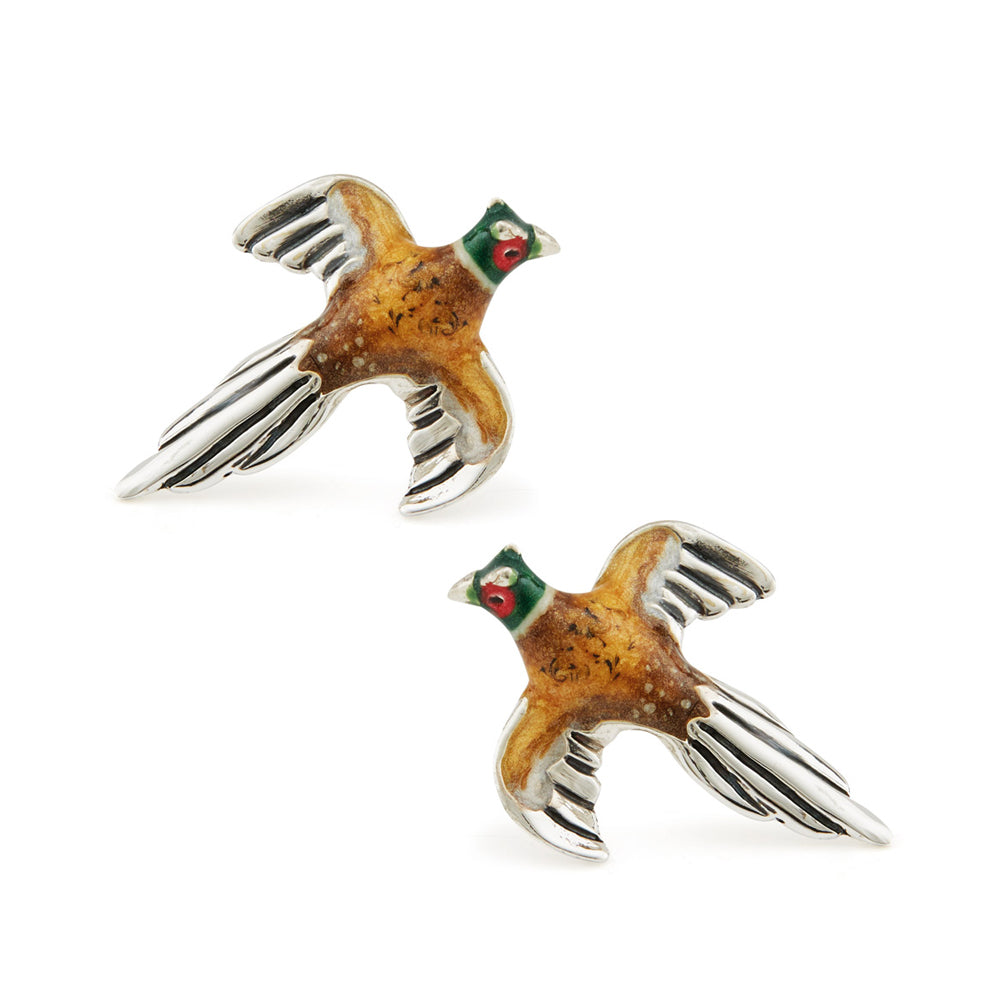 Saturno Silver & Enamelled Pheasant in Flight Cufflinks