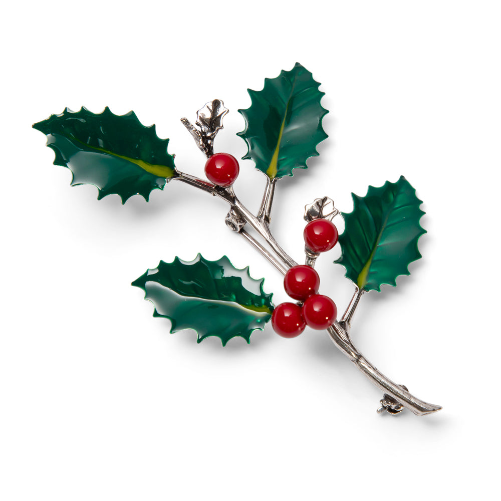 Saturno Silver Holly Brooch