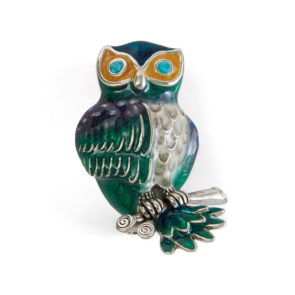 Saturno Silver & Enamelled Owl Brooch