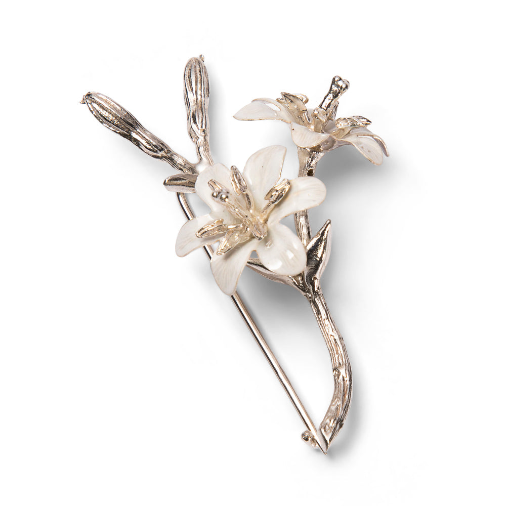Saturno Silver Small White Lily Brooch
