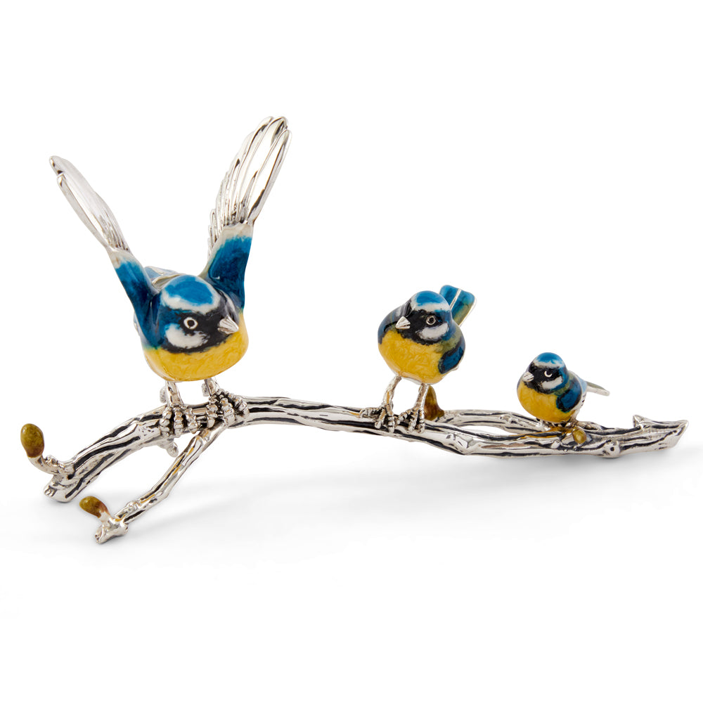 Saturno Silver & Enamelled Blue Tits on a Branch