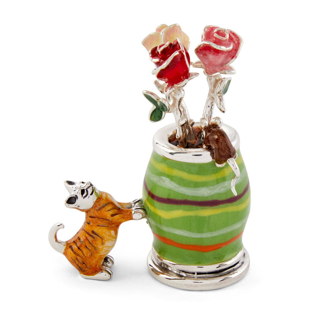 Saturno Silver & Enamelled Cat and Mice on Rose Vase