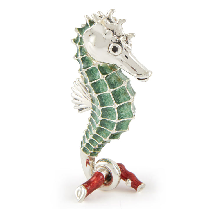 Saturno Silver & Enamelled Green Sea Horse Family