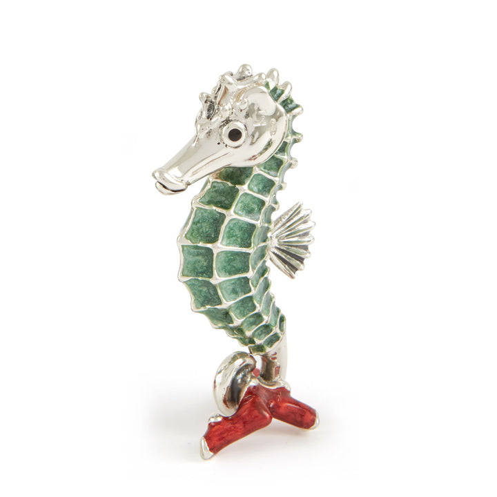 Saturno Silver & Enamelled Green Sea Horse Family