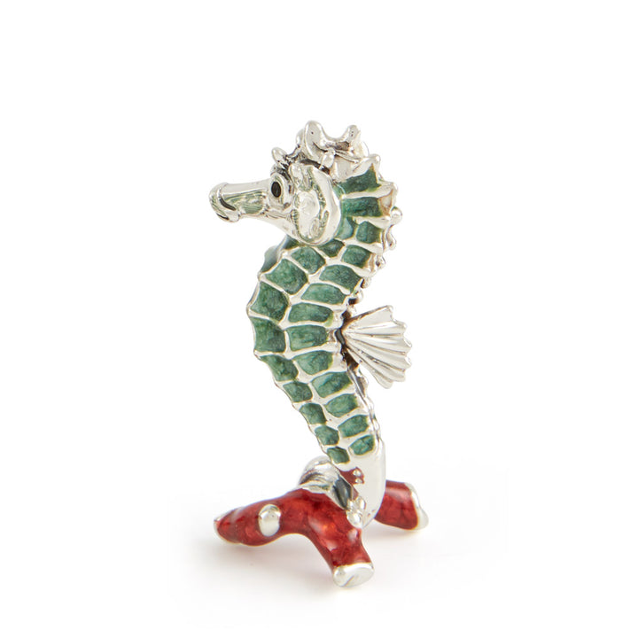 Saturno Silver & Enamelled Green Sea Horse Family