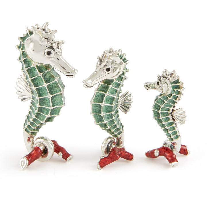 Saturno Silver & Enamelled Green Sea Horse Family