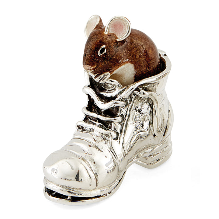 Saturno Silver & Enamelled Mouse in Boot – Brown