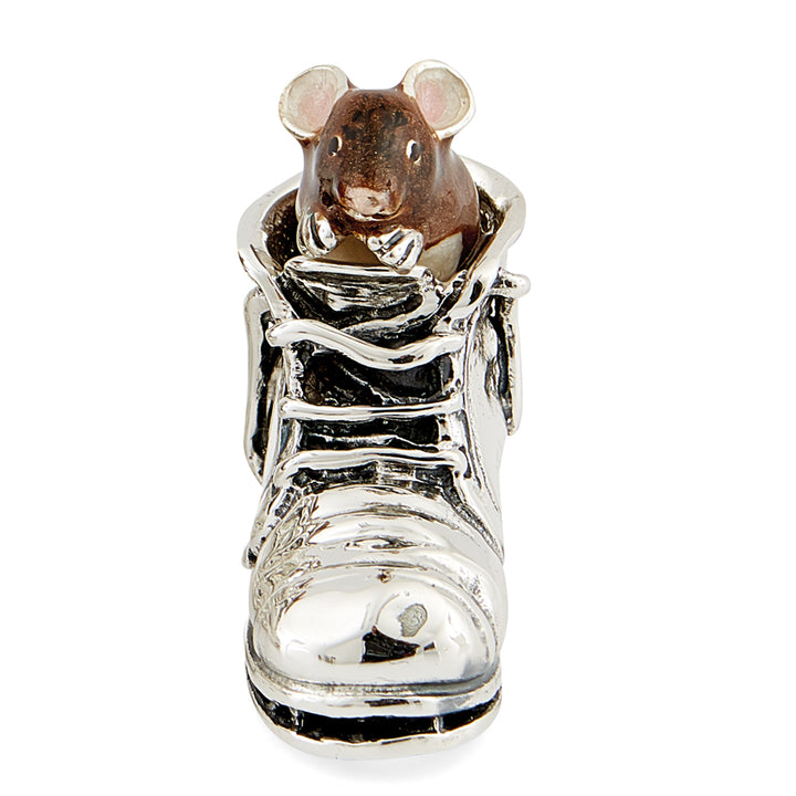 Saturno Silver & Enamelled Mouse in Boot – Brown