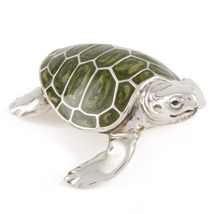 Saturno Silver & Enamelled Green Turtle Family