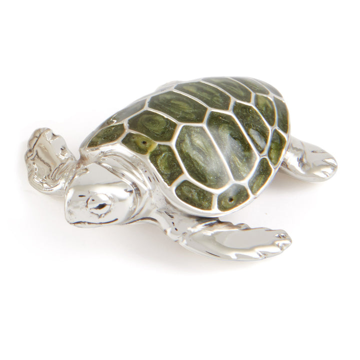 Saturno Silver & Enamelled Green Turtle Family