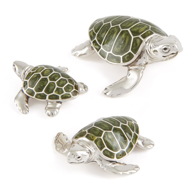 Saturno Silver & Enamelled Green Turtle Family