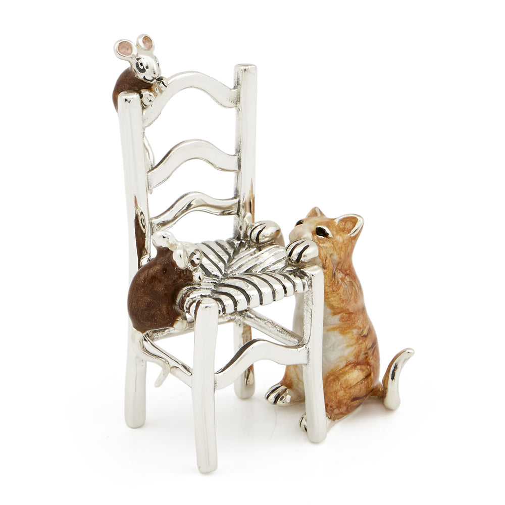Saturno Silver & Enamelled Cat and Mice on a Chair