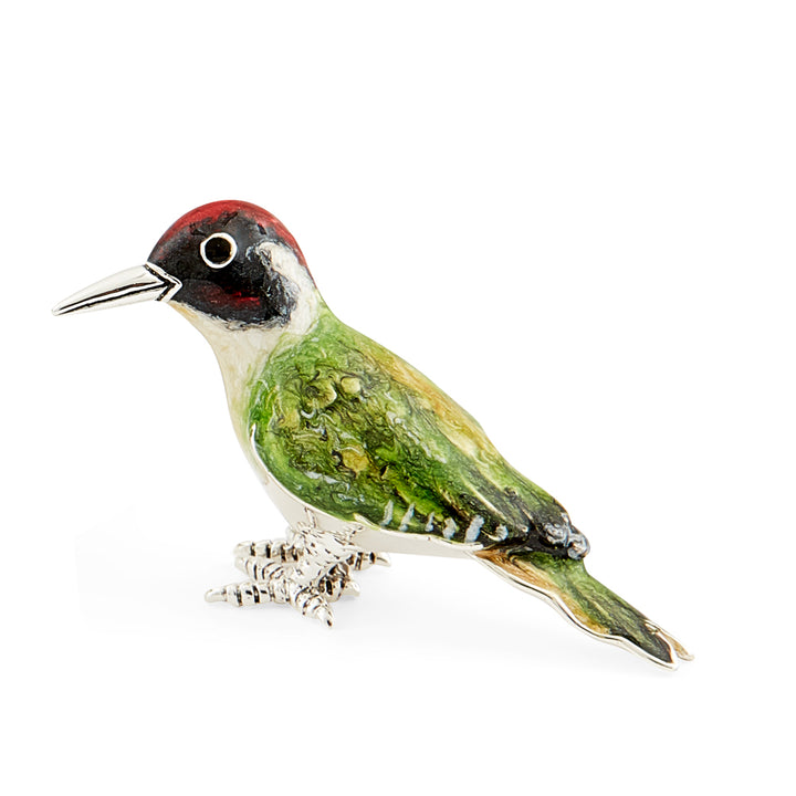 Saturno Silver & Enamelled Woodpecker Family – Green