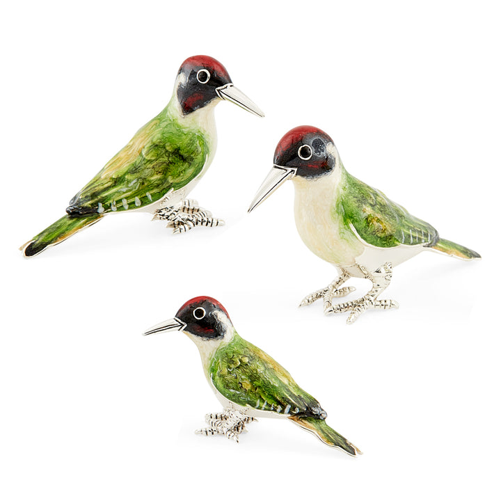 Saturno Silver & Enamelled Woodpecker Family – Green