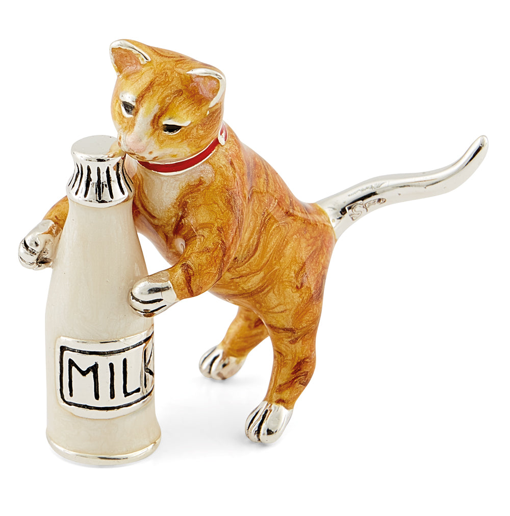 Saturno Silver & Enamelled Cat with Milk Bottle – Ginger