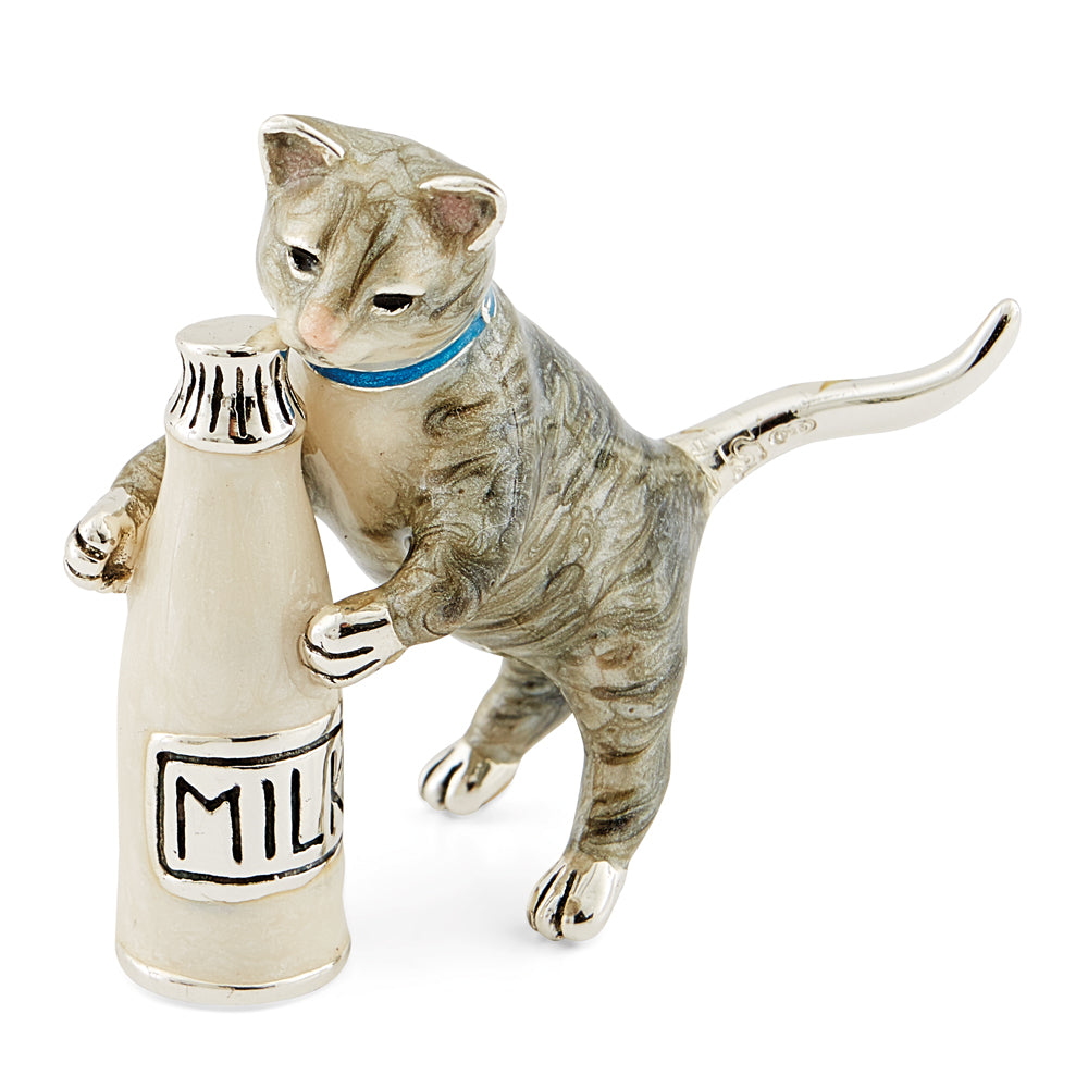 Saturno SIlver & Enamelled Cat with Milk Bottle – Tabby