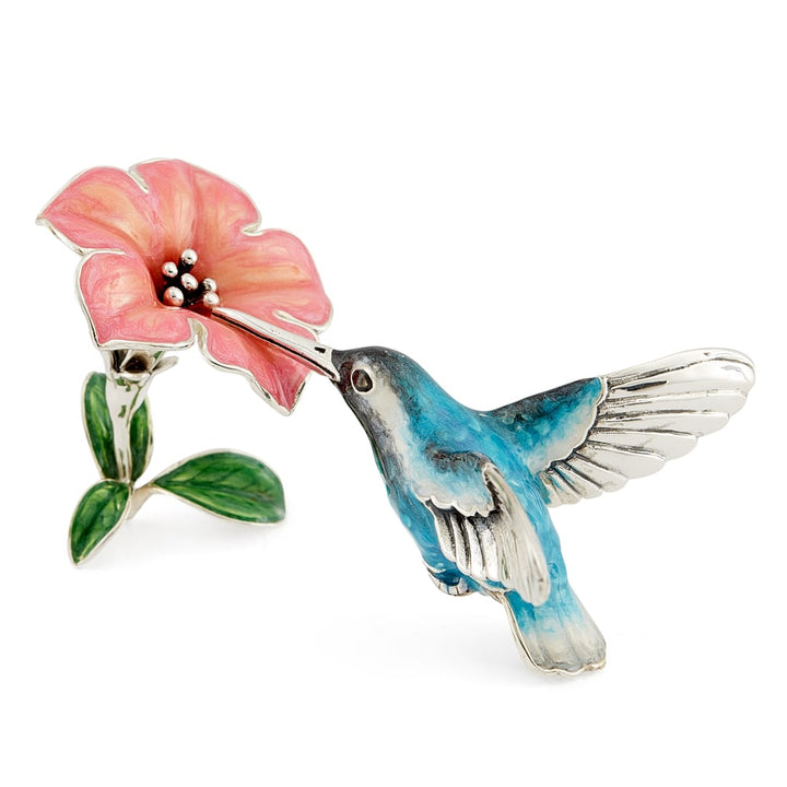 Saturno Silver & Enamelled Hummingbird with Flower