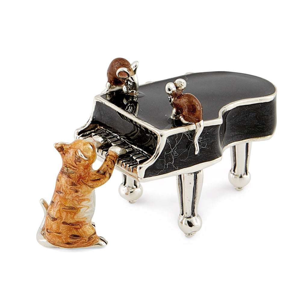 Saturno Silver & Enamelled Ginger Cat and Mice on Black Piano