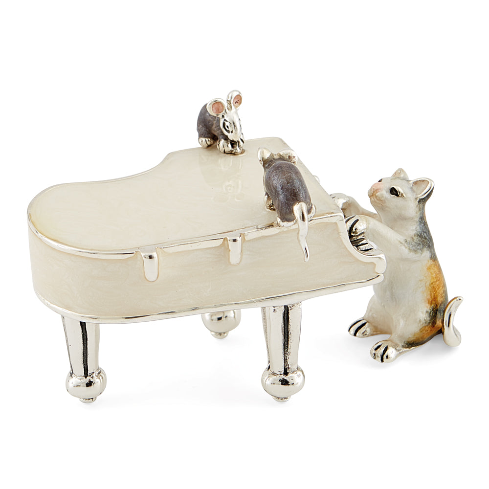 Saturno Silver & Enamelled Tortoiseshell Cat and Mice on White Piano
