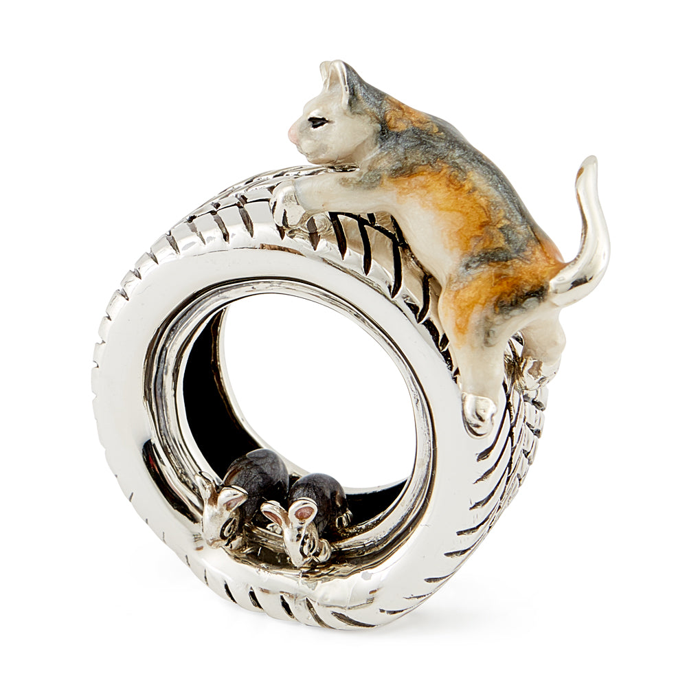Saturno Silver & Enamelled Cat and Mice on a Tyre