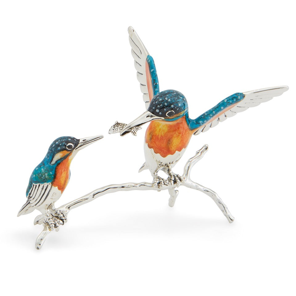 Saturno silver & Enamelled Kingfisher Couple on a Branch