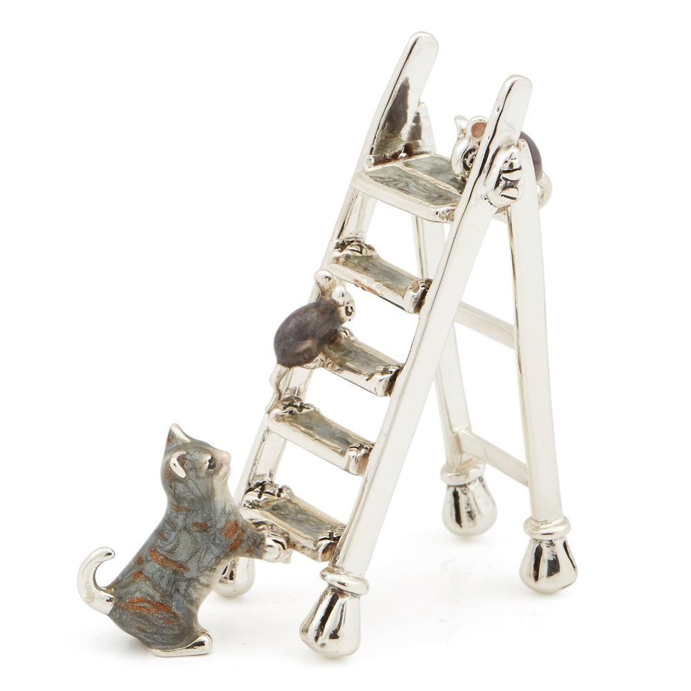 Saturno Silver & Enamelled Cat and Mice on a Ladder – Tabby