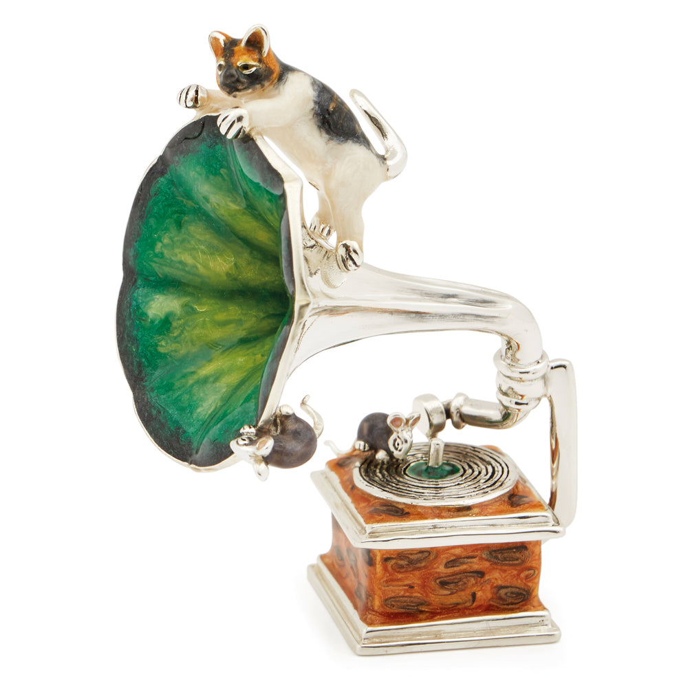 Saturno Silver & Enamelled Tabby Cat and Mice on a Gramophone
