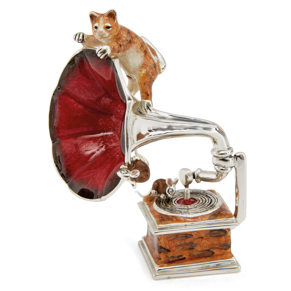 Saturno Silver & Enamelled Ginger Cat and Mice on a Gramophone