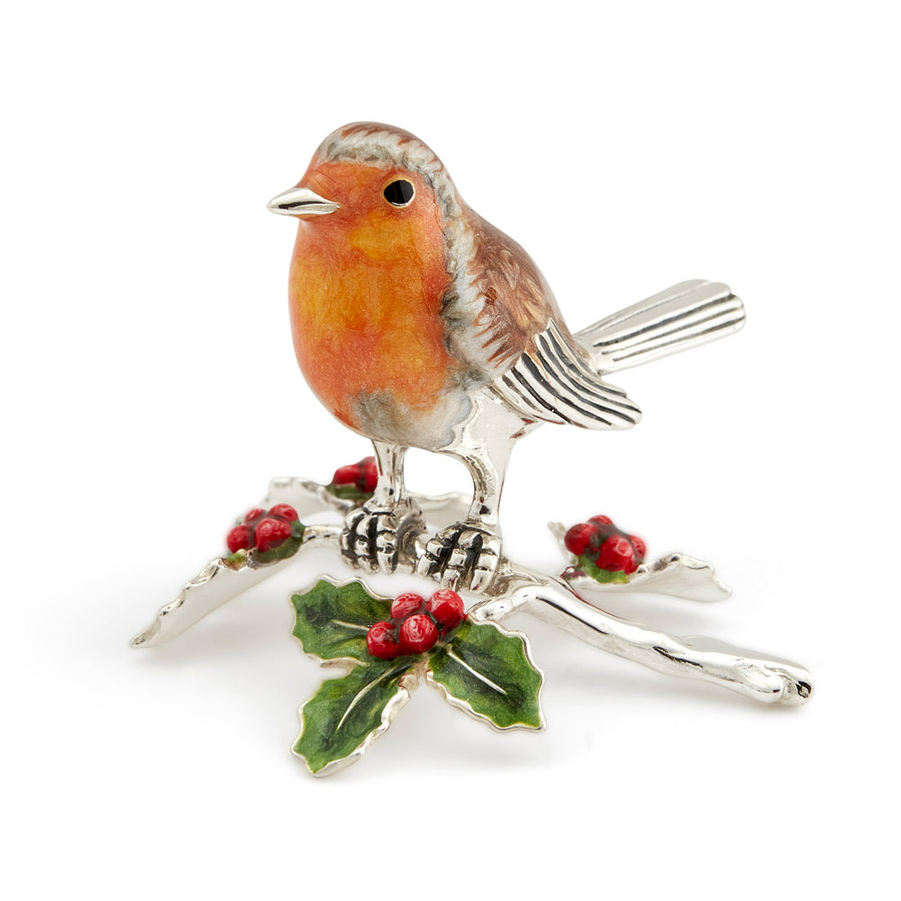 Saturno Silver & Enamelled Robin on a Holly Branch
