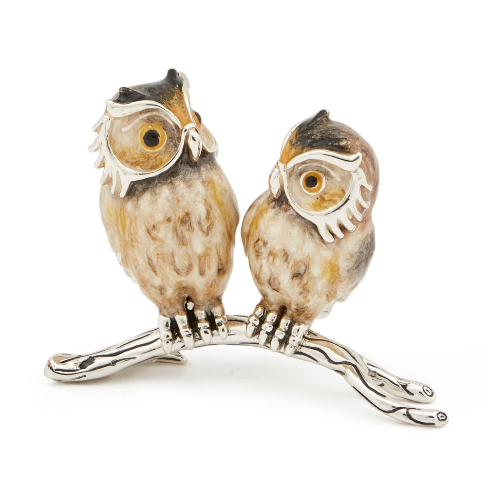 Saturno Silver & Enamelled Owl Couple on a Branch