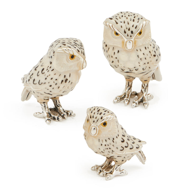 Saturno Silver & Enamelled White Owl Family