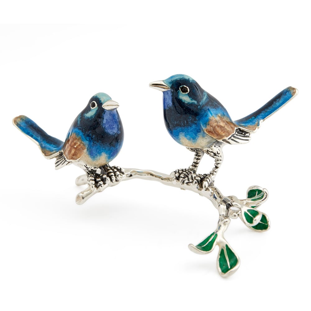 Saturno Silver & Enamelled Bluebird Couple on a Branch