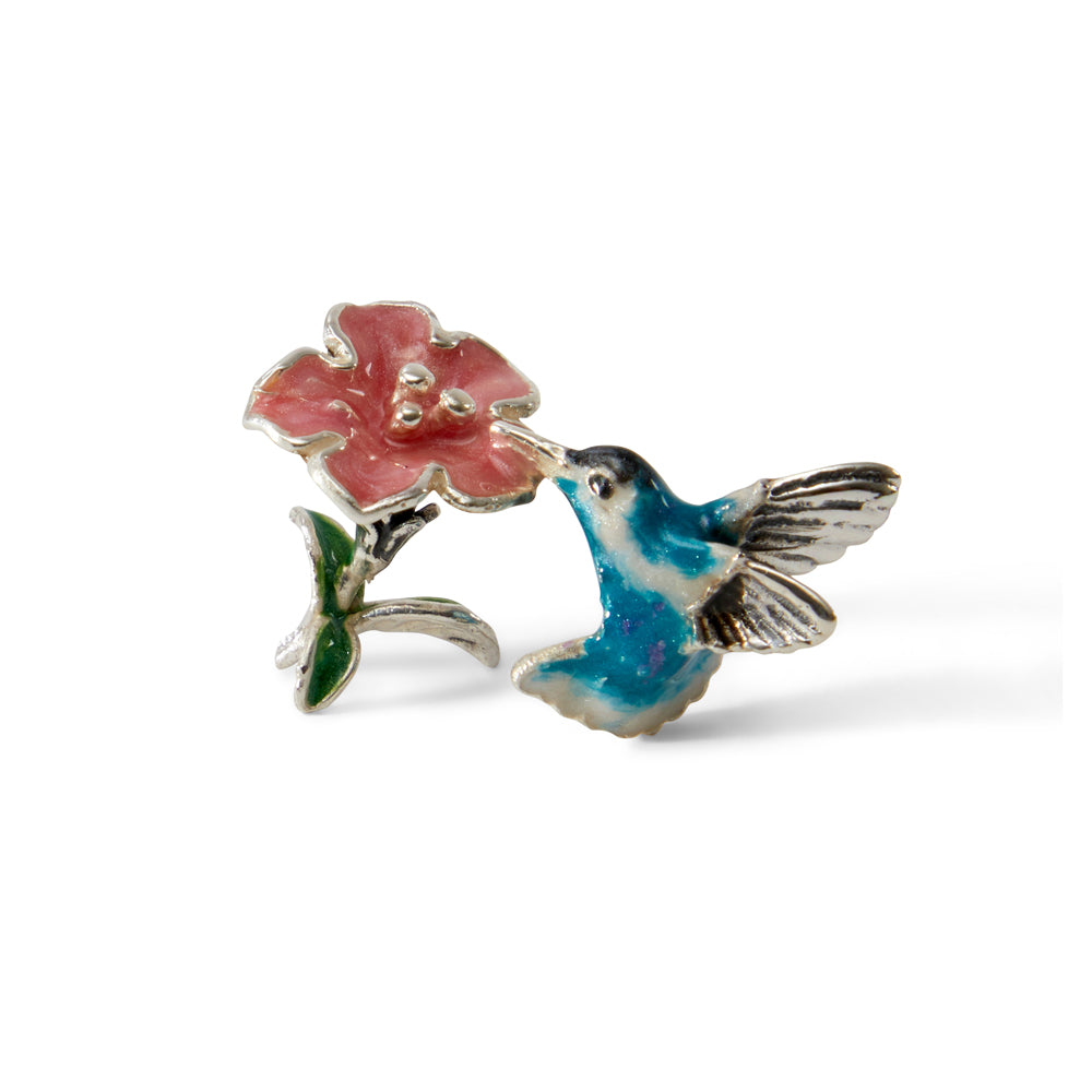 Saturno Silver & Enamelled Hummingbird With Flower