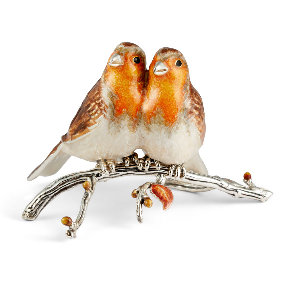 Saturno Silver & Enamelled Robin Couple on Branch