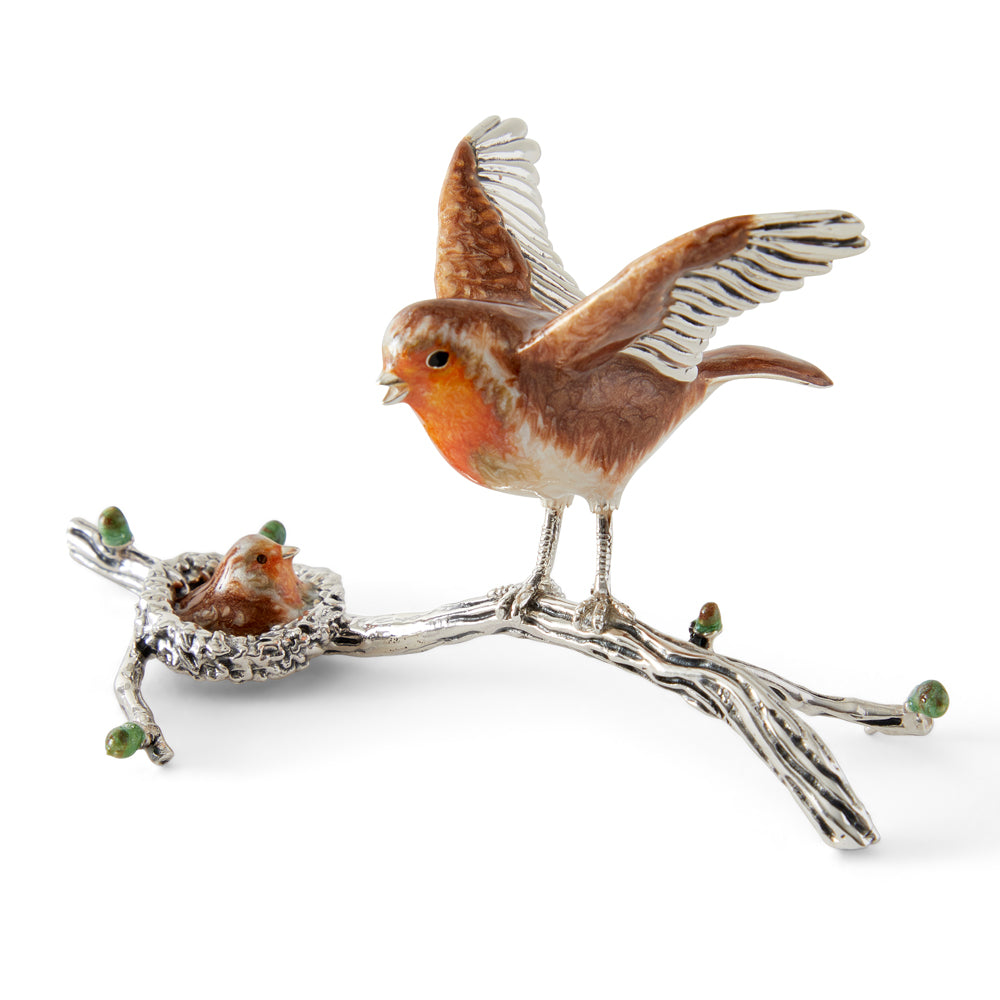 Saturno Silver & Enamel Robin and Fledgling on Branch