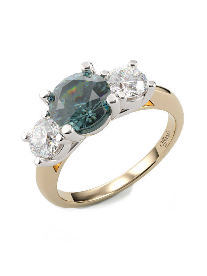 18ct & platinum teal sapphire & diamond three stone ring