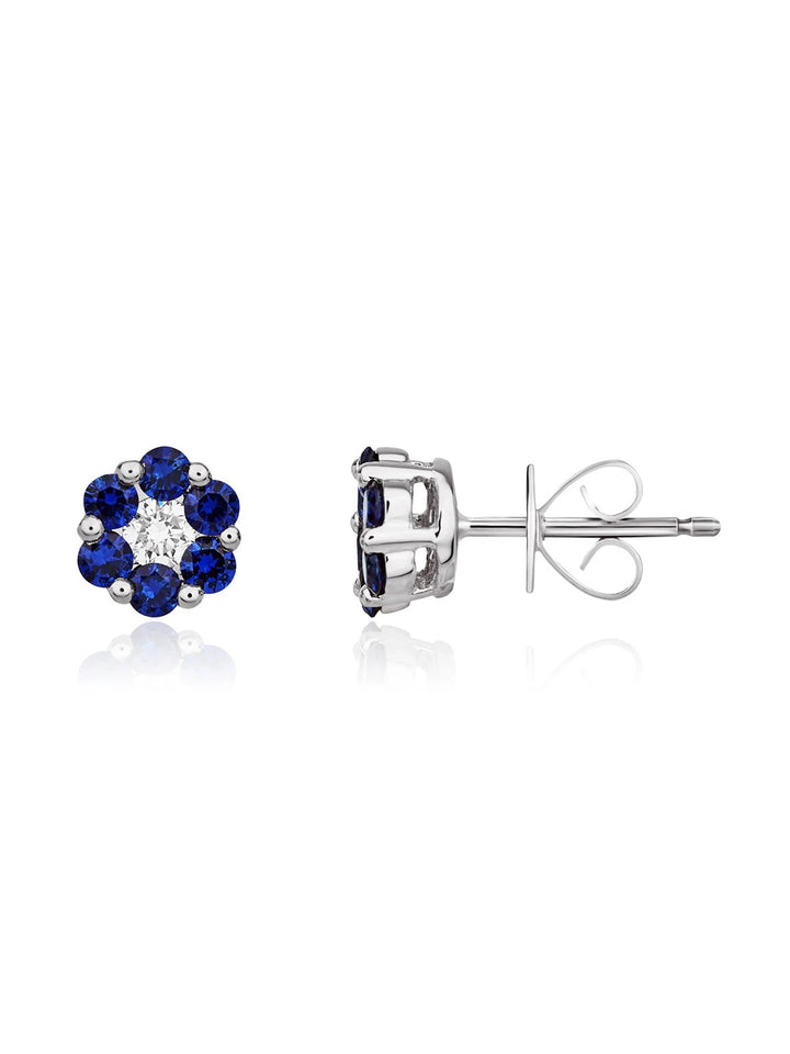 18ct White Gold Round Sapphire & Diamond Reverse Cluster Stud Earrings