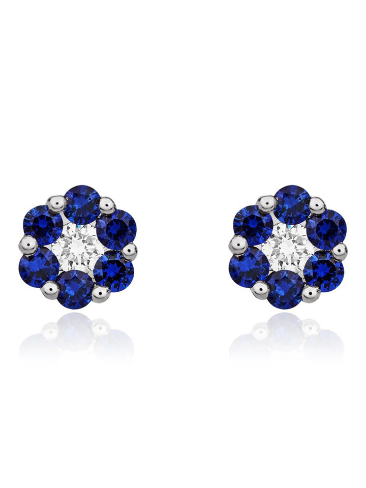18ct White Gold Round Sapphire & Diamond Reverse Cluster Stud Earrings