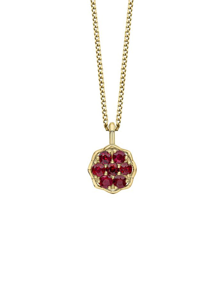 9ct Yellow Gold 7 Stone Ruby Cluster Pendant & Chain