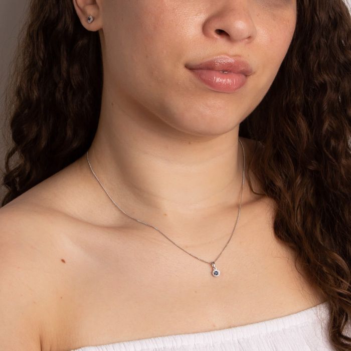 9ct White Gold Sapphire and Diamond Cluster Pendant & Chain