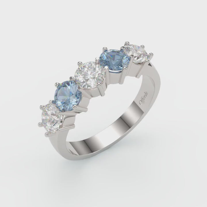 18ct white gold aquamarine & diamond 5 stone half eternity ring