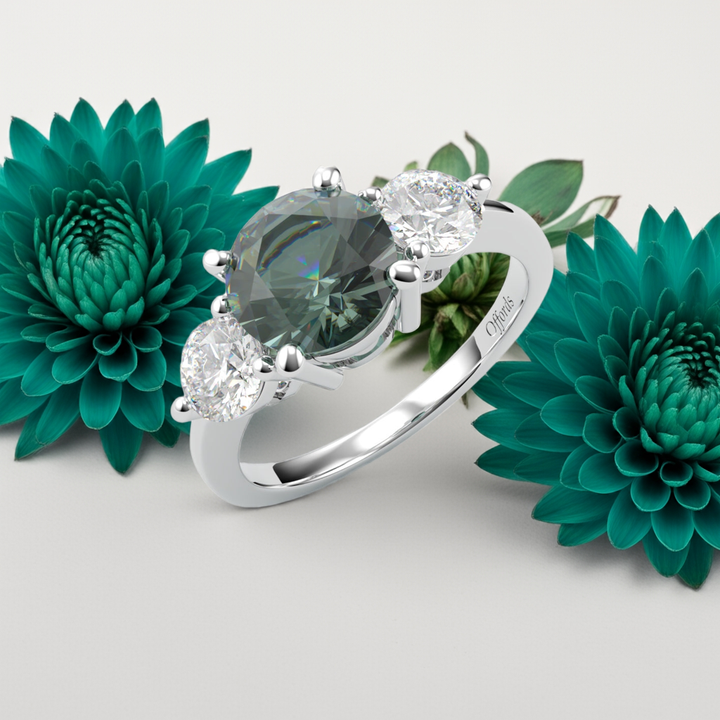 Platinum Teal Sapphire & Diamond 3 stone ring